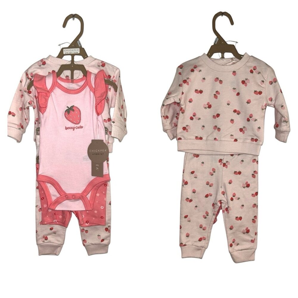 Chick Pea 4 Piece Strawberry Print Bodysuit And Pants Set Size 9-12 Months